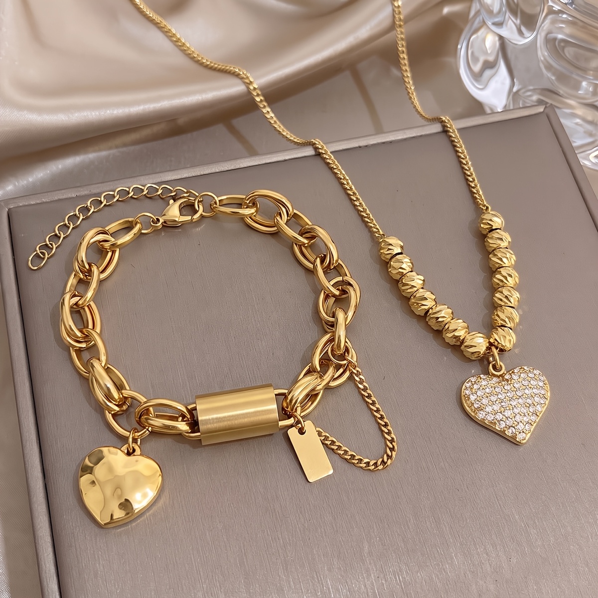 2pcs Elegant 18K Gold Plated Heart Bracelet & Necklace Set, Romantic Gift